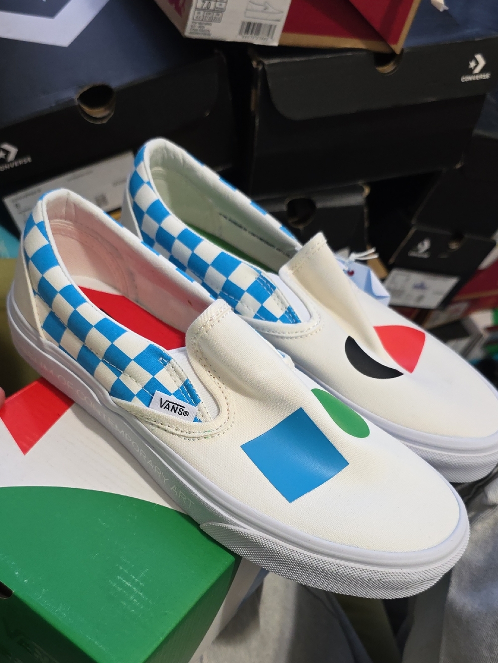 Vans Kids White Slip-On Sneakers with Blue Checker and Multi-Color Shapes